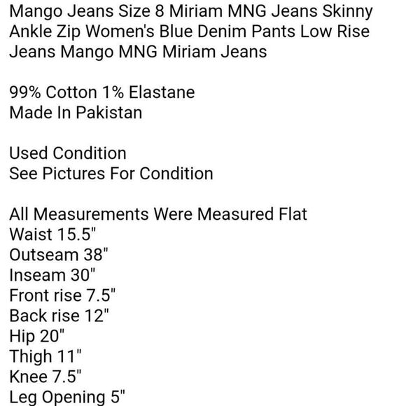 Mango Jeans Size 8 Miriam MNG Jeans Skinny Ankle Zip Women's Blue Denim Pants - Picture 8 of 8